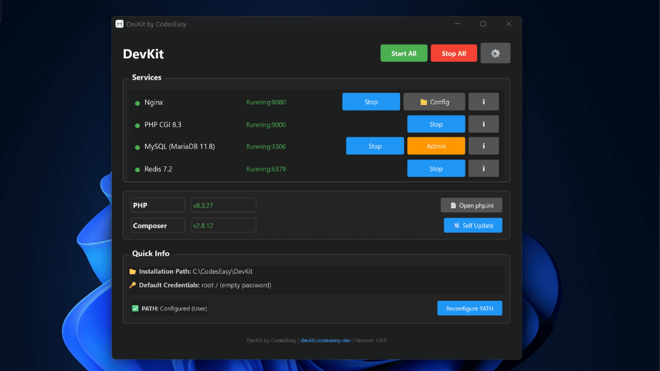 DevKit Main Dashboard - Windows